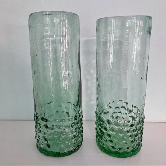 STARBUCKS Hand Blown Green RARE Tall Hobnail Glasses set of 2 limited edition - Picture 1 of 5